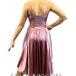 Silky Rose Dress with Mesh Cutouts and Attached Choker - Rhinestones