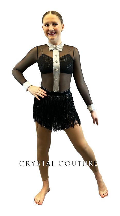 Black Mesh Tux Leotard with Fringe Skirt - Rhinestones