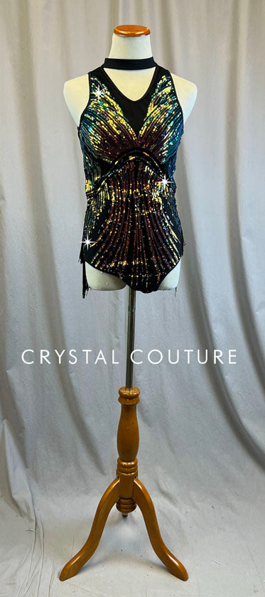 Multi Color Sequin & Black Leotard with Fringe Back Skirt