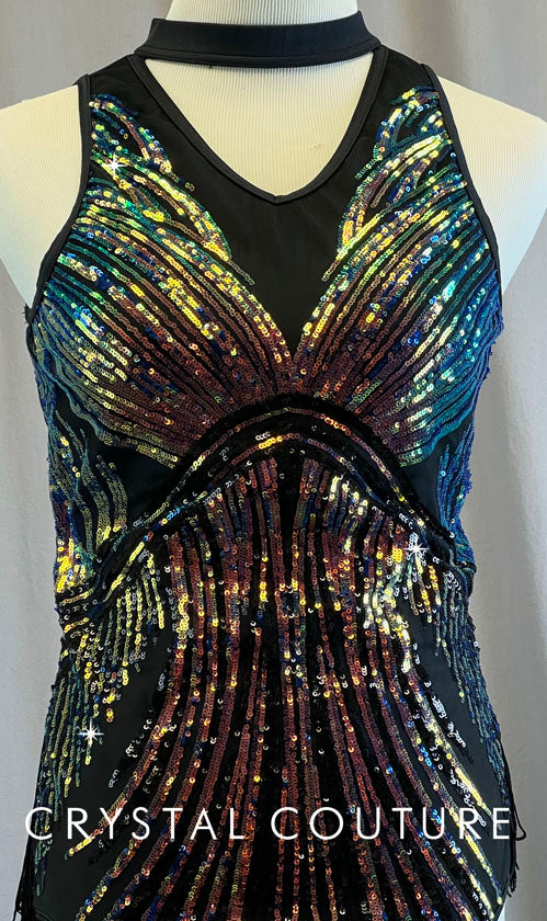 Multi Color Sequin & Black Leotard with Fringe Back Skirt