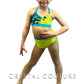 Custom Neon Yellow & Blue Two Piece with Layered Back Skirt - Rhinestones & Appliques