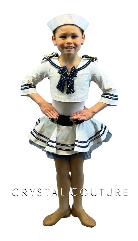 White and Navy Sailor Two Piece with Crinoline Skirt - Rhinestones