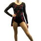 Custom Black and Red Long Sleeve Leotard with Back Skirt and Appliques - Rhinestones