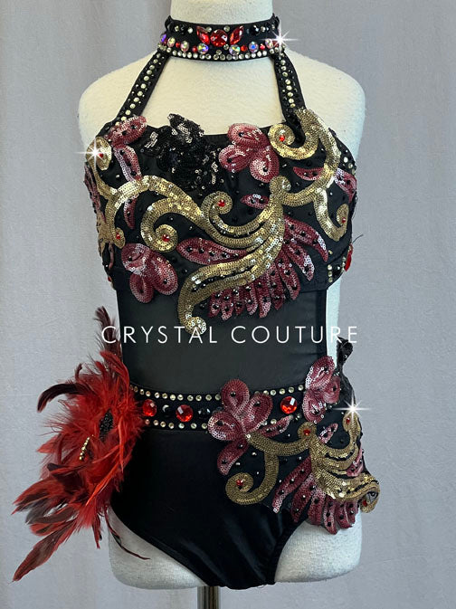 Black Leotard with Gold and Maroon Sequined Design - Rhinestones
