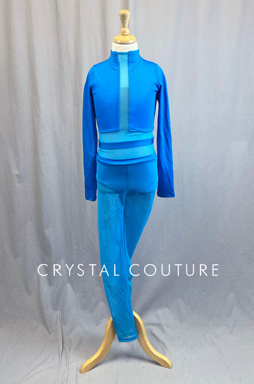 Long Sleeve Blue Leotard with Mesh Legs and Insets