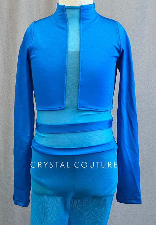 Long Sleeve Blue Leotard with Mesh Legs and Insets