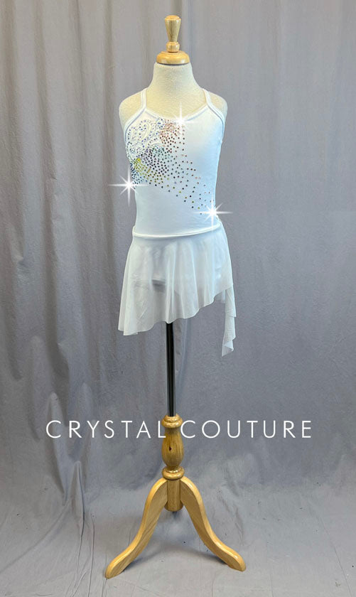 Custom White Camisole Leotard with Asymmetrical Skirt and Rainbow Stoning - Rhinestones