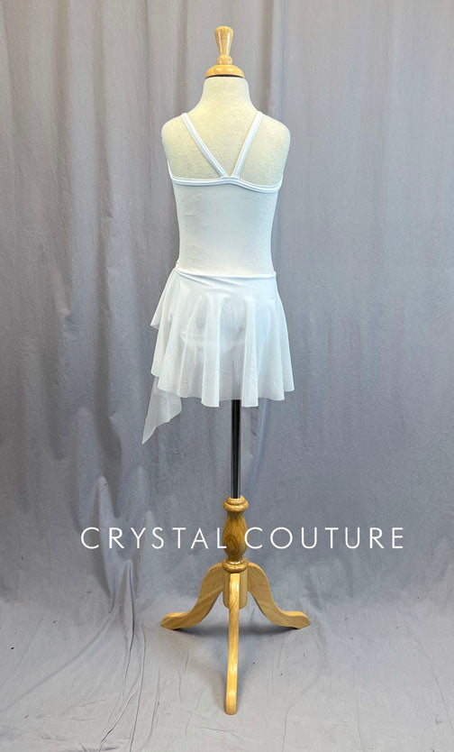 Custom White Camisole Leotard with Asymmetrical Skirt and Rainbow Stoning - Rhinestones