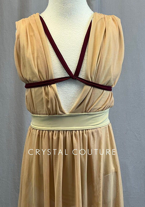 Custom Nude V Neck Dress with Maroon Strapping
