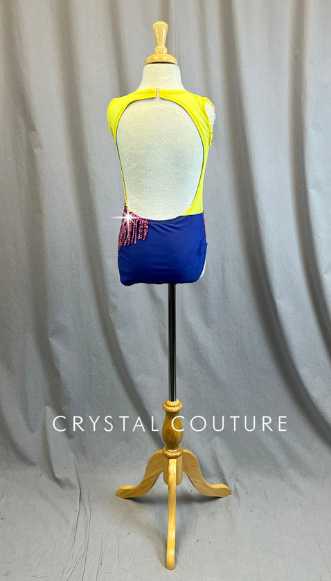 Custom Neon and Geometric Patterned Leotard with Mesh Insets and Fabric Fringe - Rhinestones