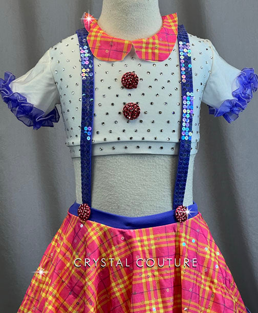 Custom White Cropped Top with Pink and Yellow Plaid Suspender Skirt - Rhinestones
