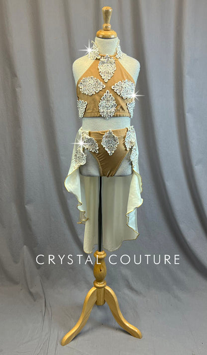 Custom Tan Two Piece with White Appliques and Back Skirt - Rhinestones