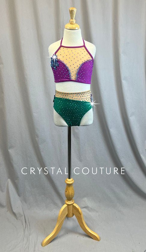 Custom Purple and Green Mermaid Inspired Two Piece with Appliques - Rhinestones!