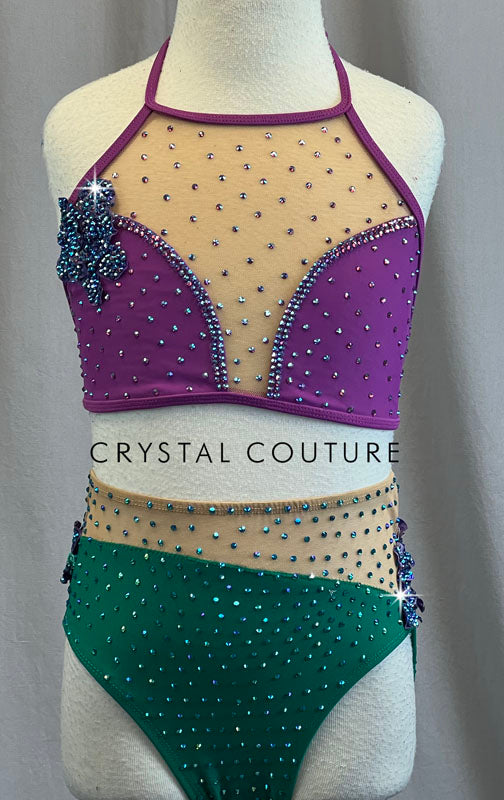 Custom Purple & Green Mermaid Inspired Two Piece - Appliques & Rhinestones