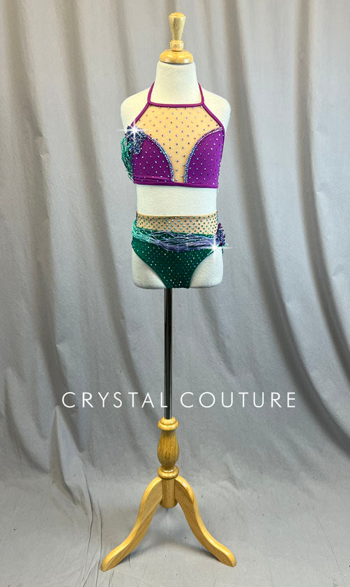 Purple and Green Mermaid Inspired Two Piece with Appliques and Netting - Rhinestones