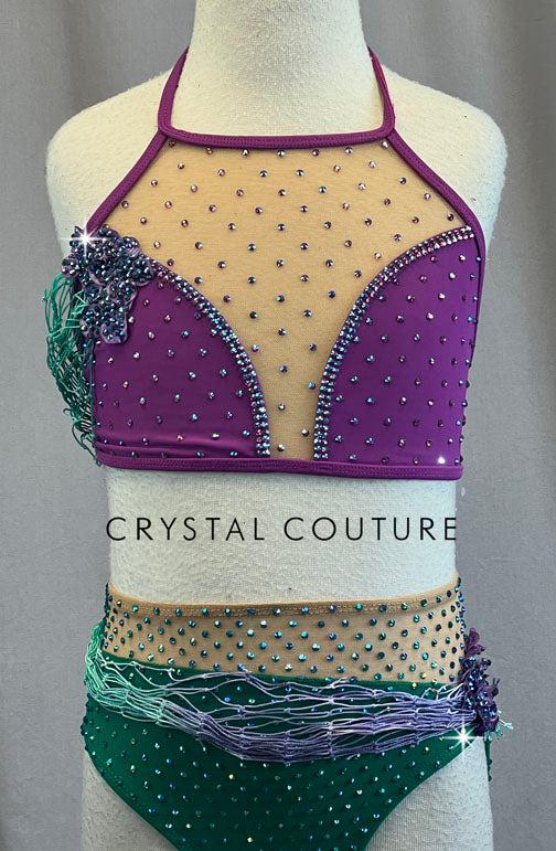 Purple and Green Mermaid Inspired Two Piece with Appliques and Netting - Rhinestones