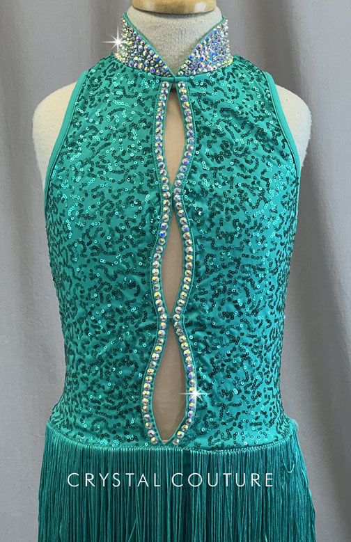 Green Zsa Zsa Leotard with Fringe Skirt and Stand Collar - Rhinestones