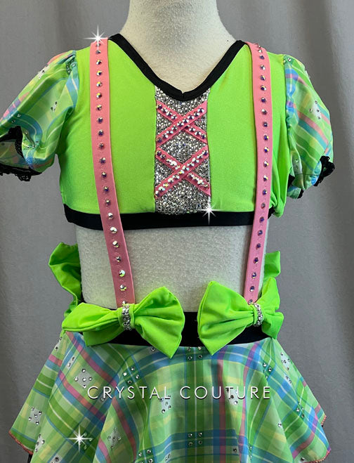 Custom Neon Green Puff Sleeve Crop Top with Plaid Jumper Skirt - Rhinestones