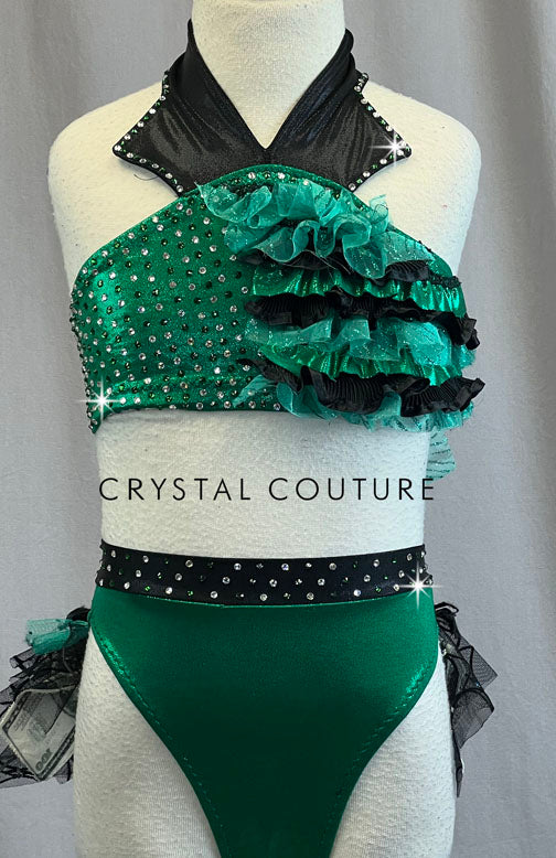 Custom Emerald Green Two Piece with Ruffle Skirt and Fabric Money - Rhinestones