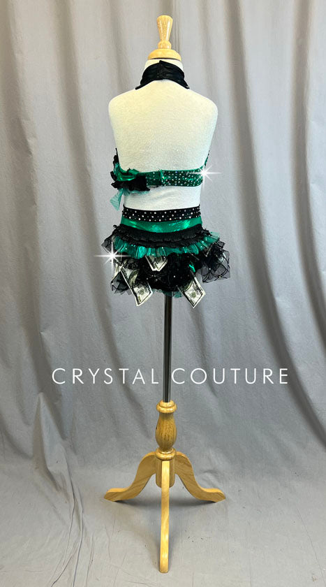 Custom Emerald Green Two Piece with Ruffle Skirt and Fabric Money - Rhinestones