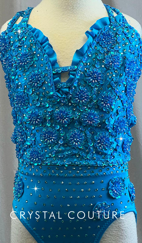 Custom Bright Blue Lace Up Bodice with Rosettes and Matching Trunks - Rhinestones
