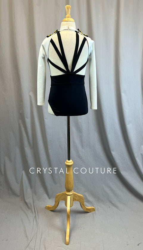 Custom White and Black Flight Attendant Inspired Leotard with Strappy Back - Rhinestones