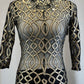 Custom Black 3/4 Sleeve Biketard with Gold Metallic Patterning - Rhinestones