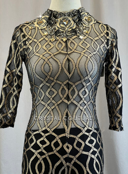 Custom Black 3/4 Sleeve Biketard with Gold Metallic Patterning - Rhinestones