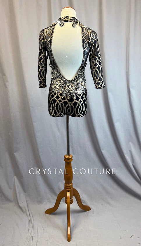 Custom Black 3/4 Sleeve Biketard with Gold Metallic Patterning - Rhinestones