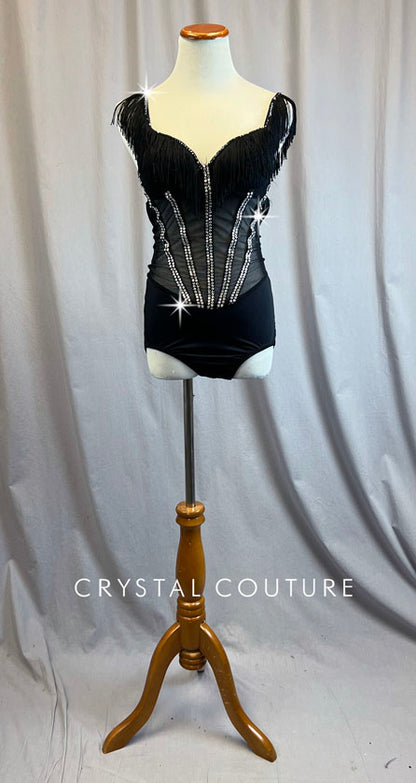 Custom Black Leotard with Fringed Neckline - Rhinestones