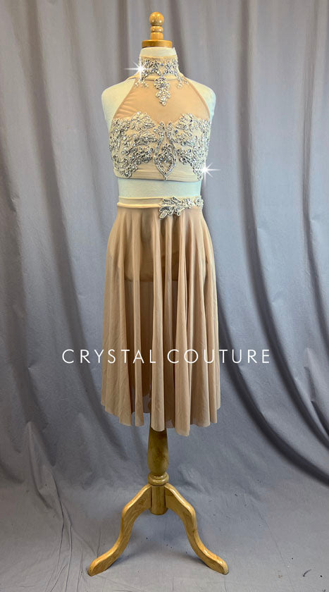 Custom Champagne Halter Two Piece with Mid Length Skirt - Rhinestones