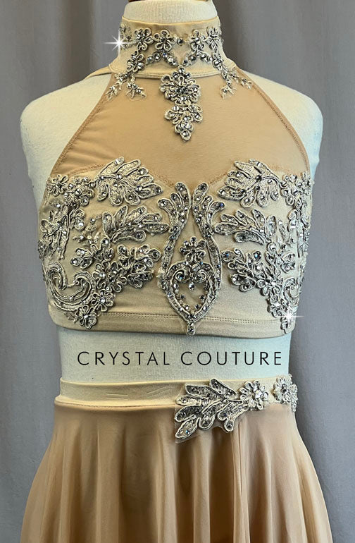 Custom Champagne Halter Two Piece with Mid Length Skirt - Rhinestones