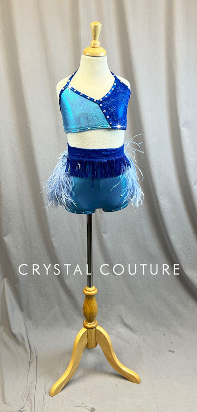 Custom Shimmer Light Blue and Dark Blue Halter Two Piece with Light Blue Ostrich Feathers - Rhinestones