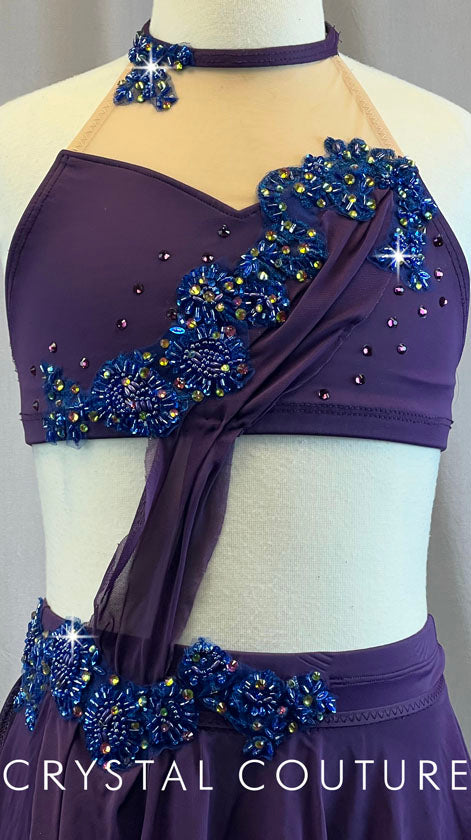 Custom Connected Dark Purple Halter Two Piece with Asymmetrical Skirt - Rhinestones