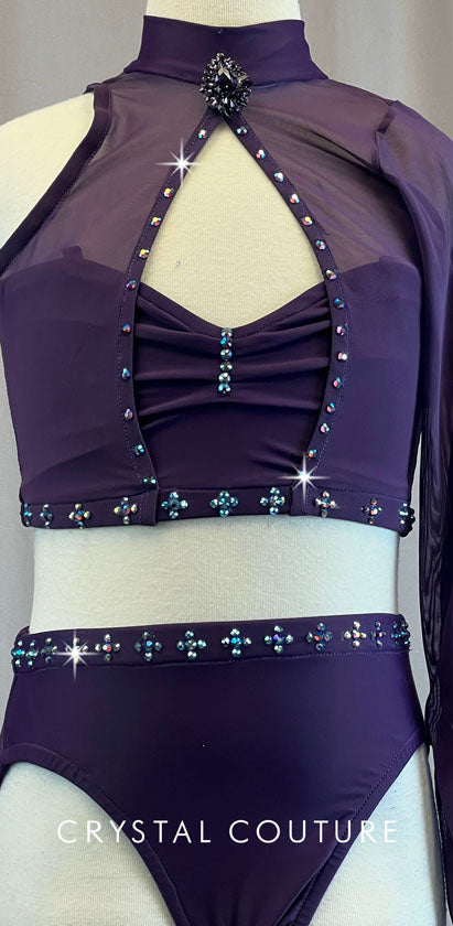 Custom Dark Purple One Sleeve High Waisted Two Piece - Rhinestones