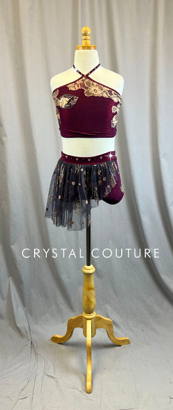 Custom Ruby and Rose gold Halter Two Piece with Booty Shorts - Rhinestones