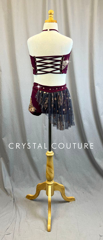 Custom Ruby and Rose gold Halter Two Piece with Booty Shorts - Rhinestones