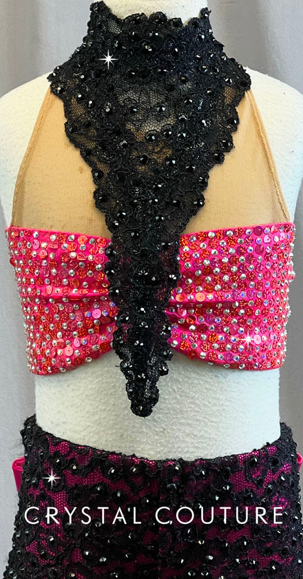 Custom Hot Pink & Black Halter top with High waisted booty shorts - Rhinestones