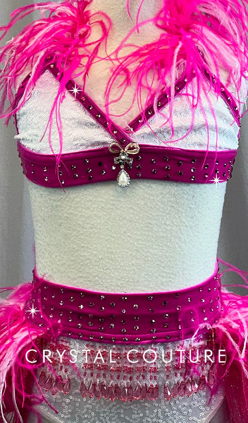 Fuschia and White Two piece Halter Bra Top and High Waisted Briefs - Rhinestones
