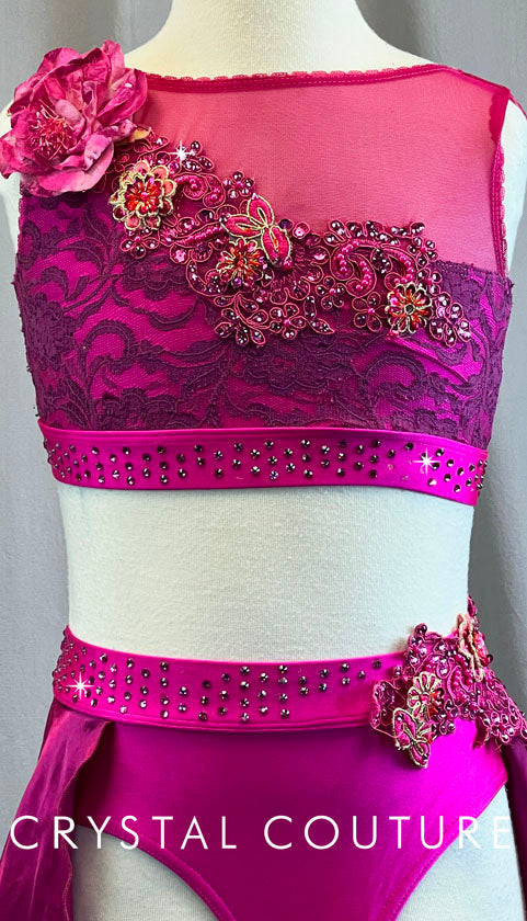 Custom Fuchsia Two Piece with attached Pink Silk skirt - Rhinestones