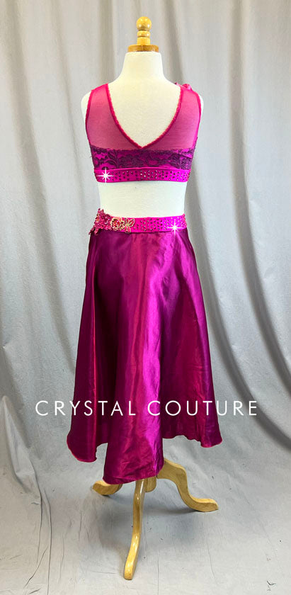 Custom Fuchsia Two Piece with attached Pink Silk skirt - Rhinestones