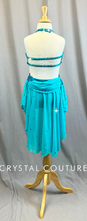 Custom Turquoise Two Piece Halter top and Trunks with Appliques- Rhinestones