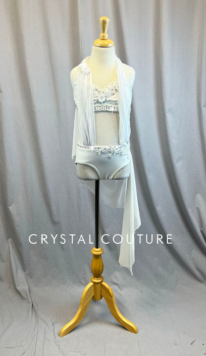 Custom White Lace Halter Top Two Piece with White Mesh Draping- Rhinestones