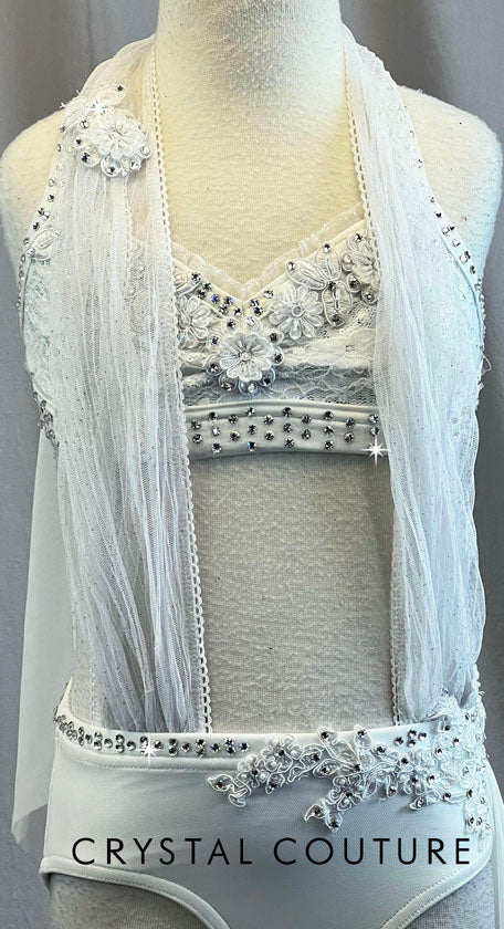 Custom White Lace Halter Top Two Piece with White Mesh Draping- Rhinestones