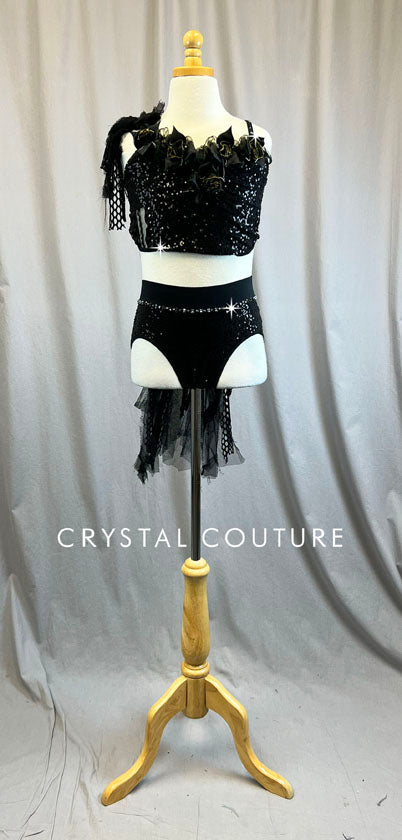 Black Zsa Zsa Top and High Waisted briefs with attached Back Mesh/Netting Back skirt - Rhinestones