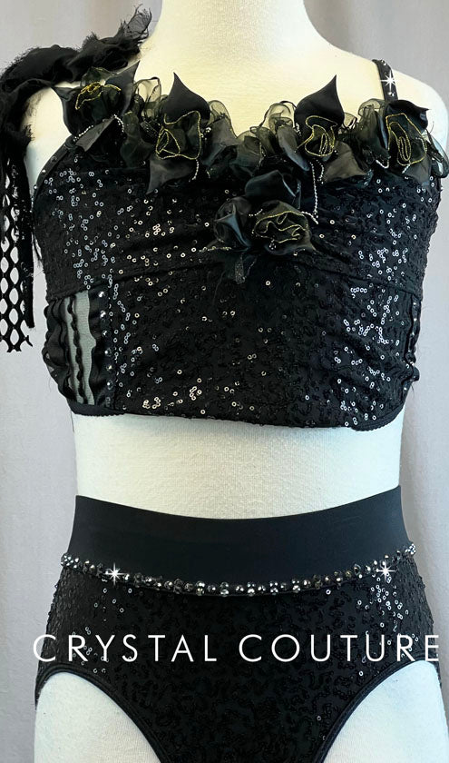 Black Zsa Zsa Top and High Waisted briefs with attached Back Mesh/Netting Back skirt - Rhinestones