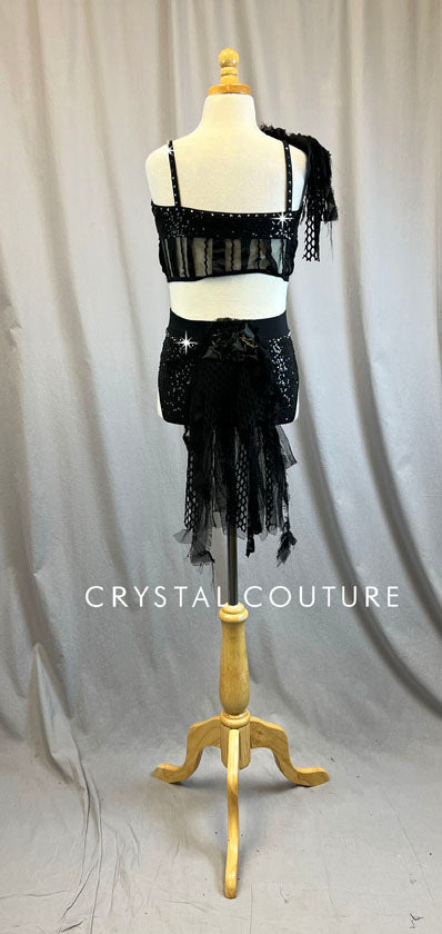 Black Zsa Zsa Top and High Waisted briefs with attached Back Mesh/Netting Back skirt - Rhinestones