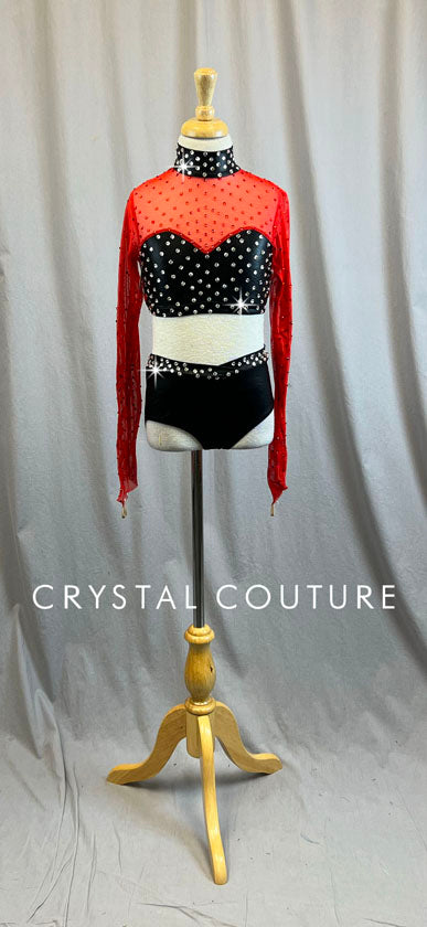 Red Mesh and Pleather Crop Top and Trunks - Rhinestones
