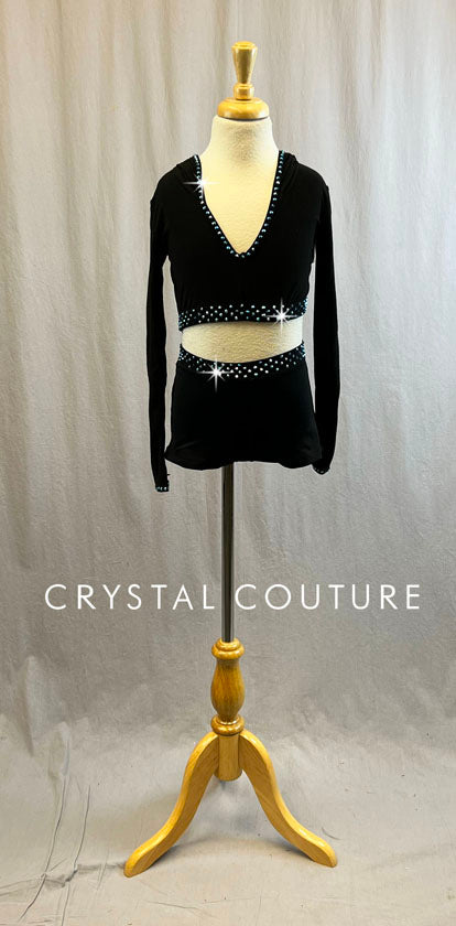 Black Hooded V-Neck Crop Top with Booty Shorts - Rhinestones