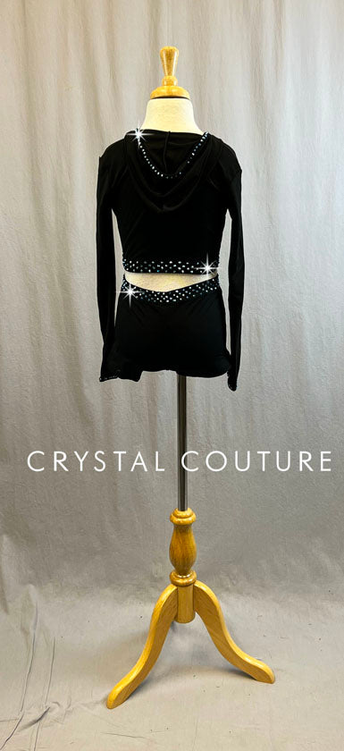 Black Hooded V-Neck Crop Top with Booty Shorts - Rhinestones